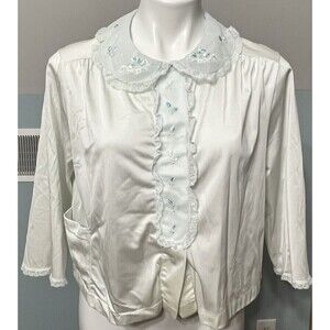 SHADOWLINE Nylon Lace Bed Jacket Lingerie Top Cream & Blue floral Sz. M